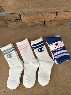 Champion Girls Crew Socks - White with Blue, Pink & Gray Stripe Accents (6 Pack)